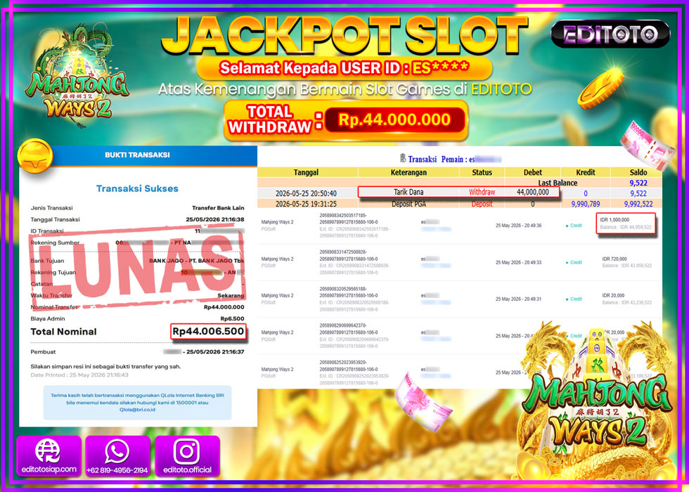 JACKPOT EDITOTO SLOT MAHJONG WAYS 2 Rp.44.000.000,- LUNAS
