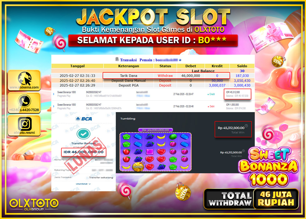 OLXTOTO JACKPOT SLOT SWEET BONANZA 1000 Rp.46.00.000.,- LUNAS