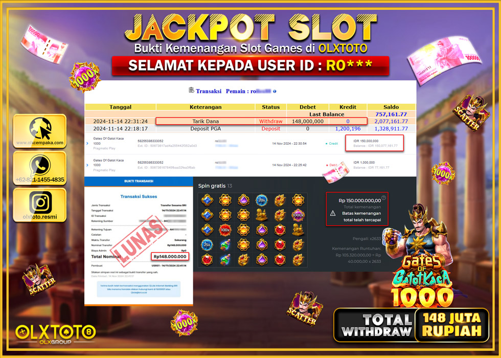 OLXTOTO JACKPOT  SLOT GATES OF GATOTKACA 1000  Rp.148.000.000.,- LUNAS