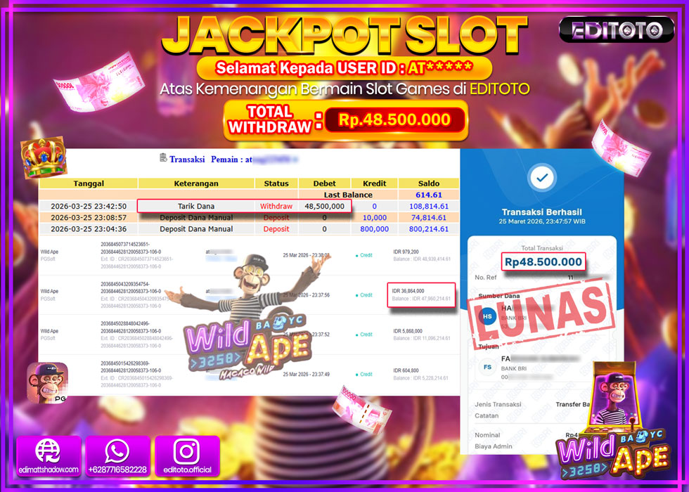 JACKPOT EDITOTO SLOT WILD APE Rp.48.500.000,- LUNAS