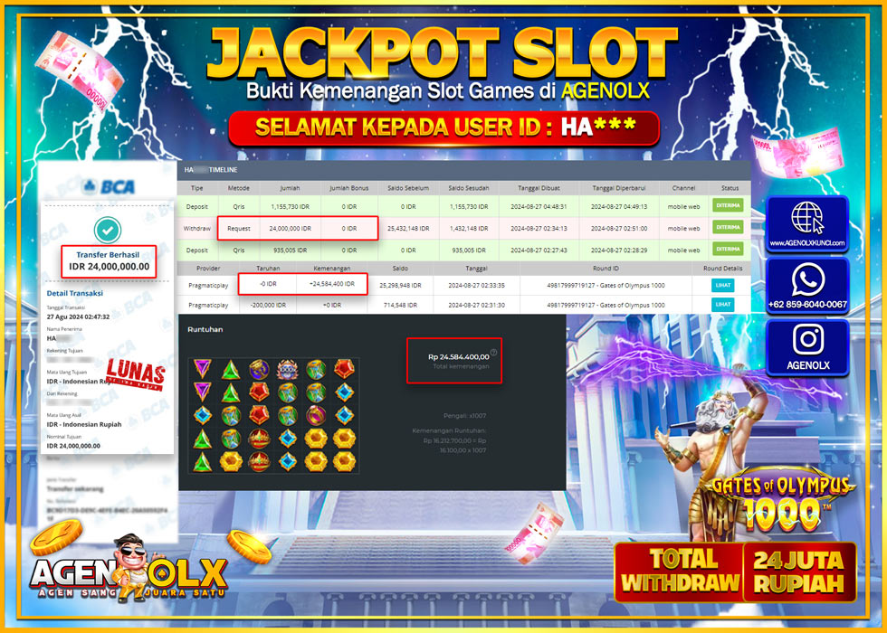 AGENOLX JACKPOT SLOT GATES OF OLYMPUS 1000 Rp.24.000.000,- LUNAS