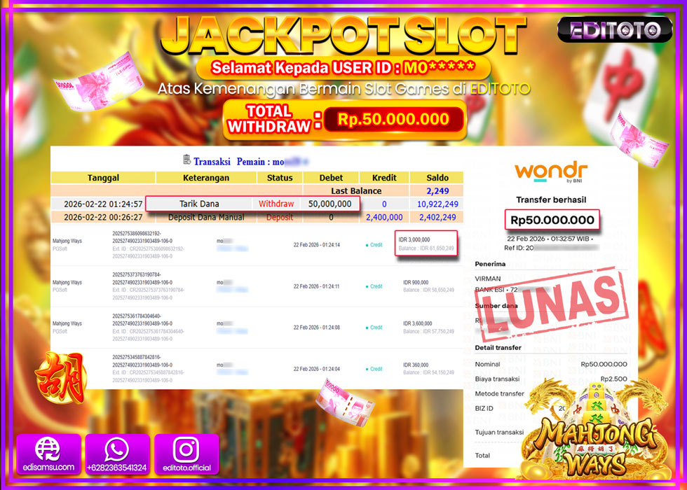 JACKPOT EDITOTO SLOT MAHJONG WAYS Rp.50.000.000,- LUNAS