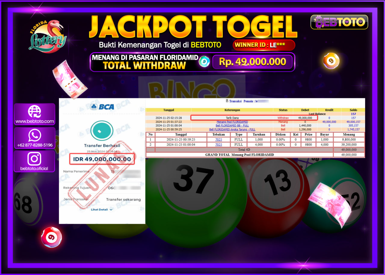 JACKPOT TOGEL BEBTOTO FLORIDAMID Rp.49.000.000.,- LUNAS
