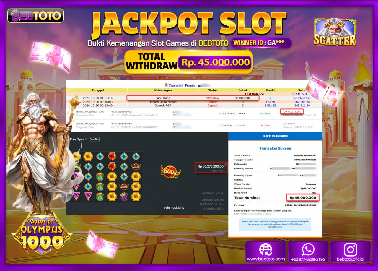 JACKPOT SLOT BEBTOTO GATES OF OLYMPUS 1000 Rp.45.000.000.,- LUNAS