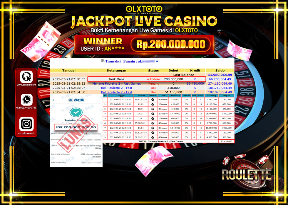 OLXTOTO JACKPOT  LIVE GAMES ROULETTE 2 Rp.200.000.000.,- LUNAS