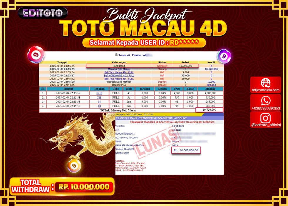 JACKPOT TOGEL PASARAN TOTOMACAU 4D Rp.10.000.000.,- LUNAS