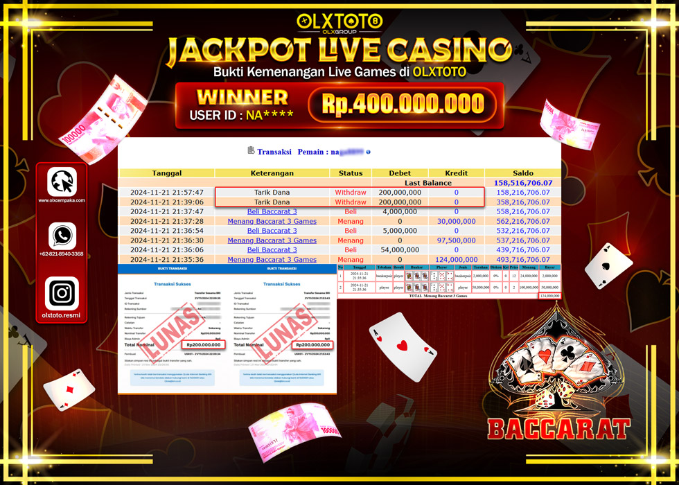OLXTOTO JACKPOT  LIVE GAMES BACCARAT 3 Rp.400.000.000.,- LUNAS