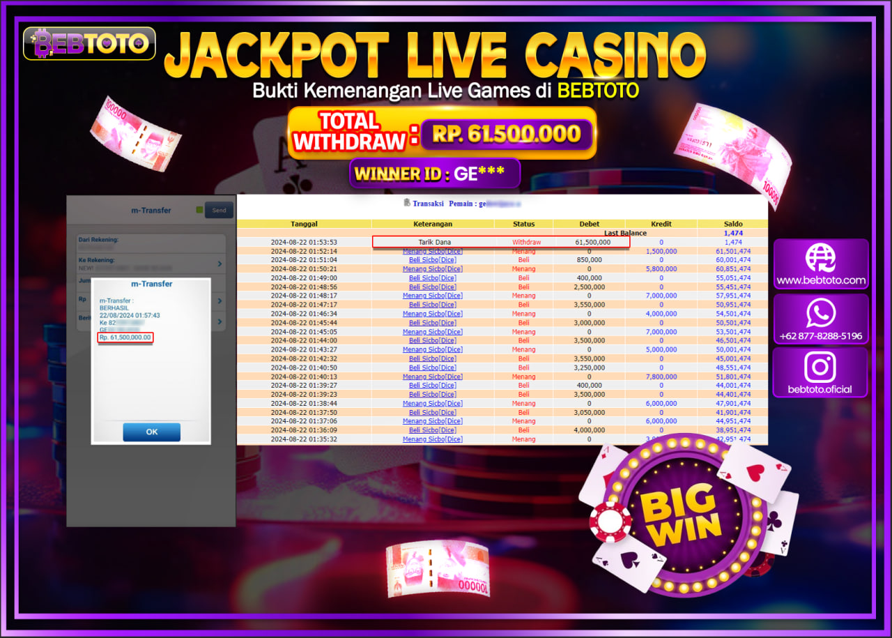 JACKPOT LIVE CASINO BEBTOTO SICBO Rp.61.500.000.,- LUNAS