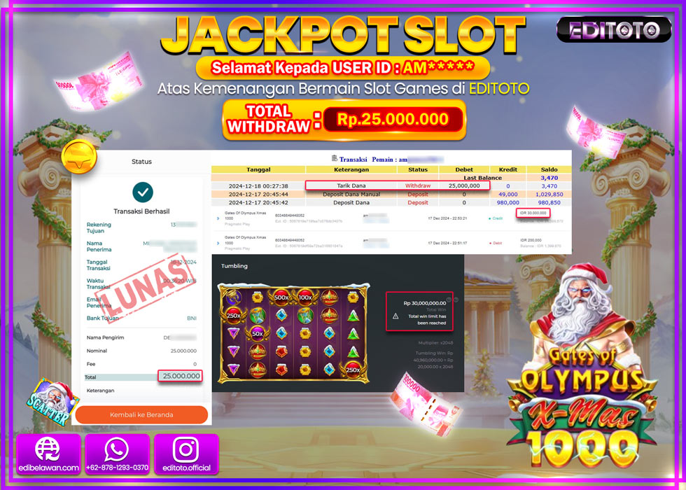 JACKPOT SLOT GATES OF OLYMPUS  XMAS 1000 Rp25.000.000.,- LUNAS