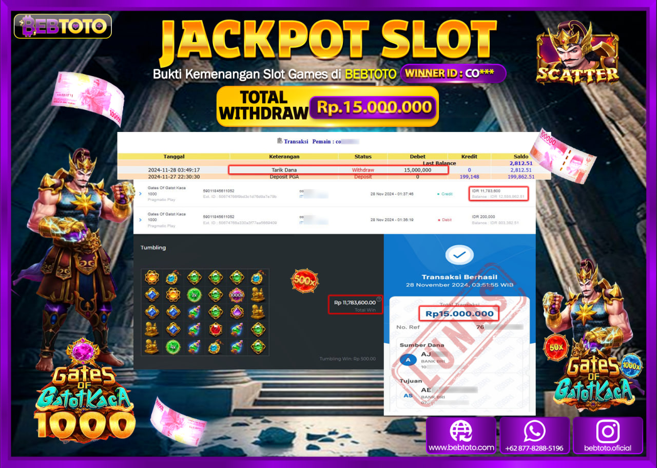 JACKPOT SLOT BEBTOTO GATES OF GATOTKACA 1000 Rp.15.000.000.,- LUNAS