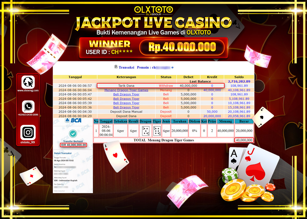 OLXTOTO JACKPOT  LIVE GAMES DRAGON TIGER Rp.40.000.000.,- LUNAS