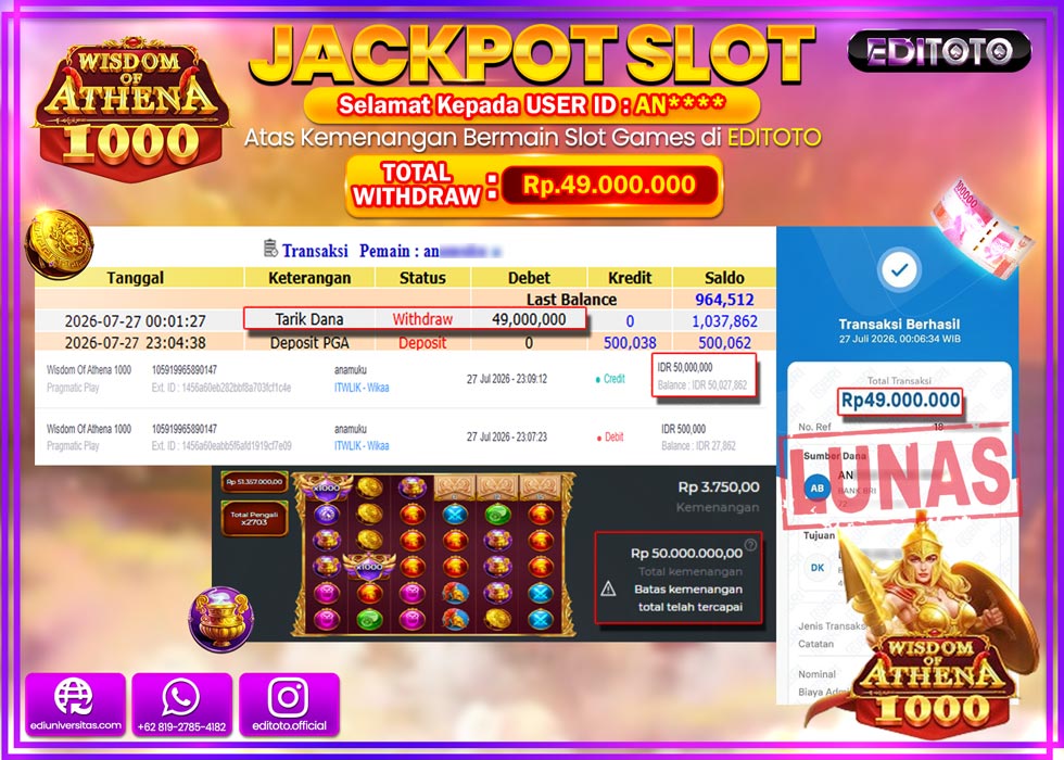 JACKPOT EDITOTO SLOT WISDOM OF ATHENA 1000 Rp.49.000.000,- LUNAS