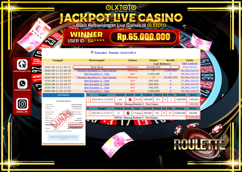 OLXTOTO JACKPOT  LIVE GAMES ROULETTE Rp.65.000.000.,- LUNAS
