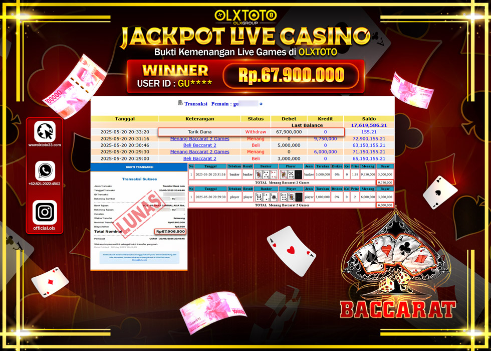 BINTANGSLOT77 JACKPOT  LIVE GAMES BACCARAT Rp.67.900.000.,- LUNAS