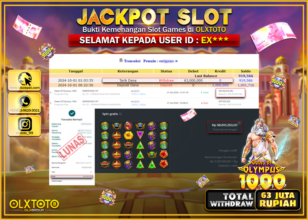 OLXTOTO JACKPOT  SLOT GATES OF OLYMPUS 1000 Rp.63.000.000.,- LUNAS