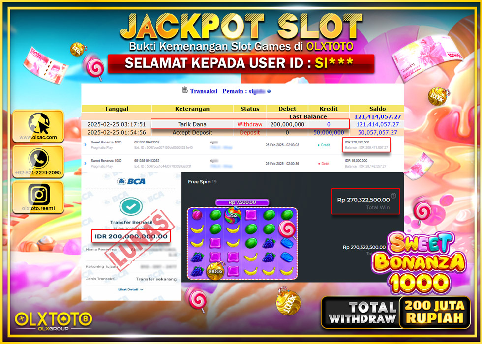 OLXTOTO JACKPOT SLOT SWEET BONANZA 1000 Rp.200.00.000.,- LUNAS