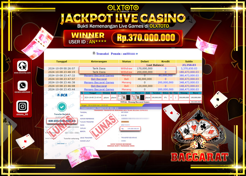 OLXTOTO JACKPOT  LIVE GAMES BACCARAT Rp.370.000.000.,- LUNAS