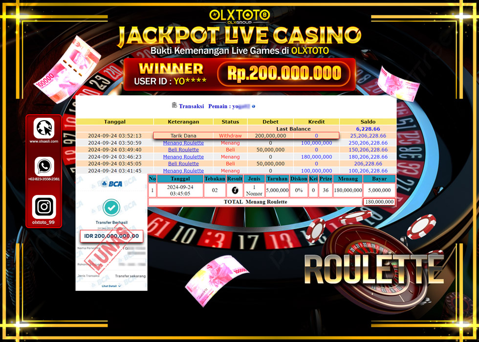OLXTOTO JACKPOT  LIVE GAMES ROULETTE  Rp.200.000.000.,- LUNAS