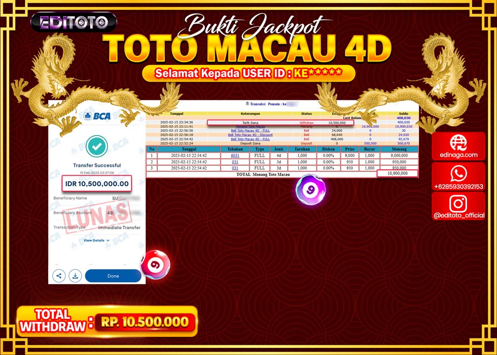 JACKPOT TOGEL PASARAN TOTOMACAU 4D Rp.10.500.000.,- LUNAS