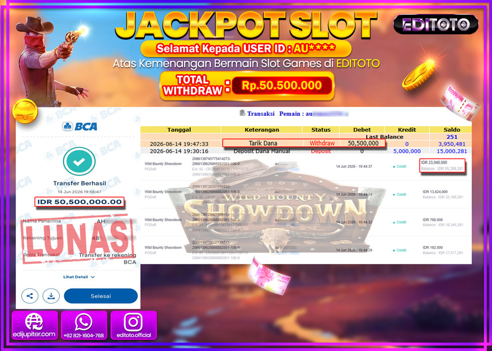 JACKPOT EDITOTO SLOT WILD BOUNTY SHOWDOWN Rp.50.500.000,- LUNAS
