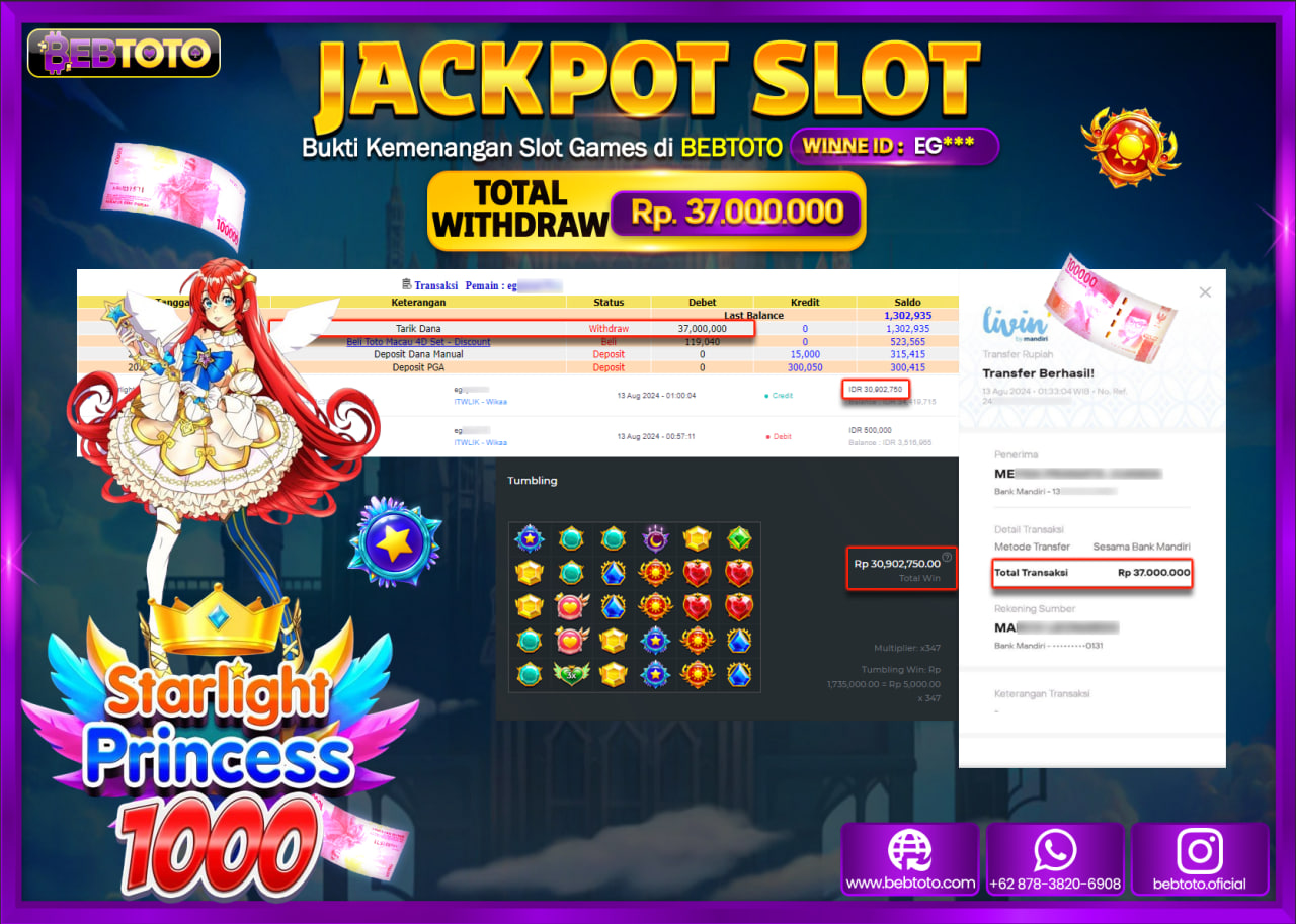 JACKPOT SLOT BEBTOTO Starlight Princess 1000 Rp.37.000.000.,- LUNAS