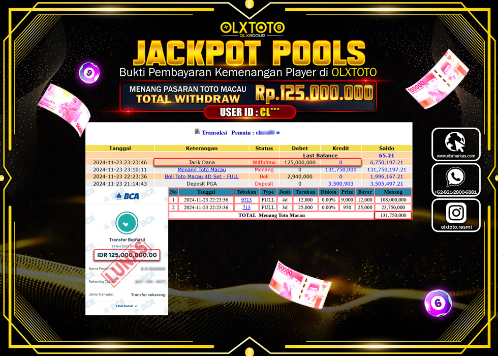 OLXTOTO JACKPOT  TOGEL POOL TOTO MACAU Rp.125.000.000.,- LUNAS