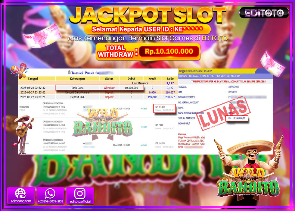 JACKPOT EDITOTO SLOT WILD BANDITO Rp.10.100.000,- LUNAS 