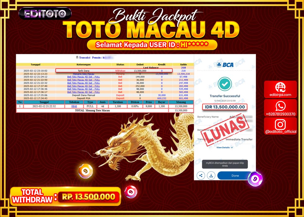 JACKPOT TOGEL PASARAN TOTOMACAU 4D Rp.13.500.000.,- LUNAS