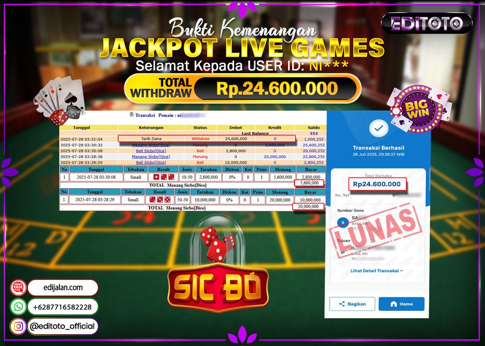 JACKPOT EDITOTO LIVE GAMES SICBO DICE Rp. 24.600.000.,- LUNAS