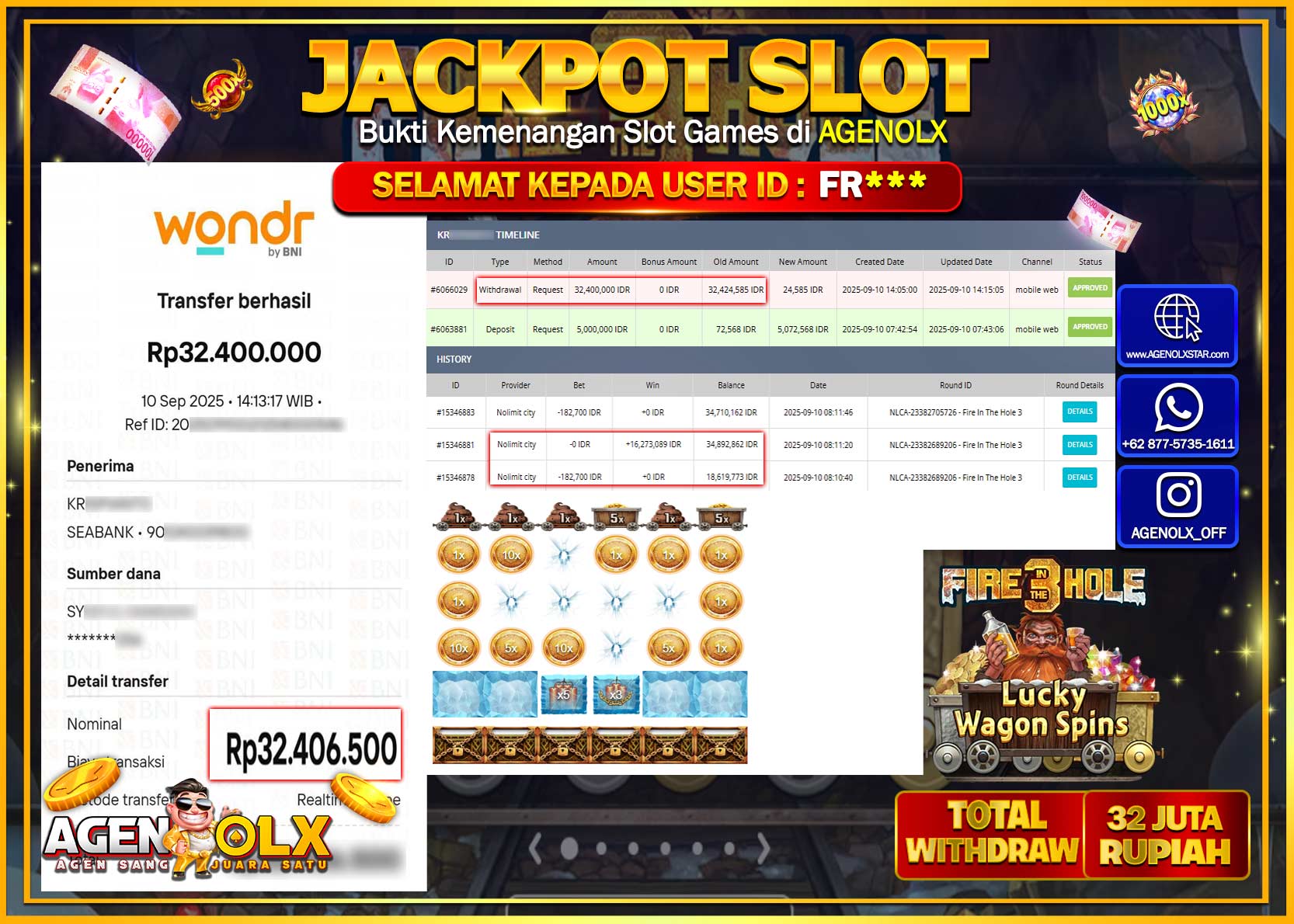 AGENOLX JACKPOT SLOT FIRE IN THE HOLE 3   Rp 32,400,000,- LUNAS
