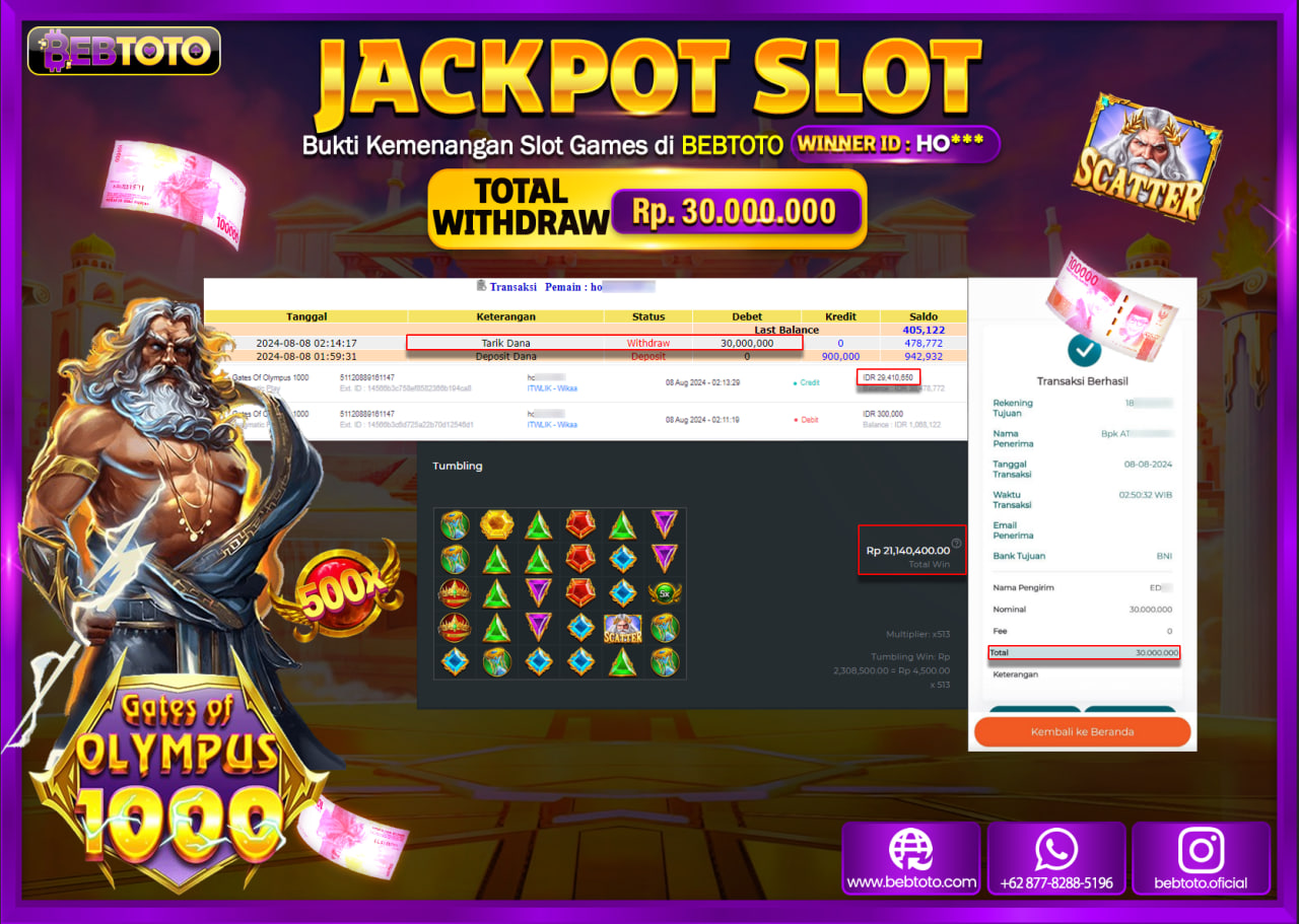 JACKPOT SLOT BEBTOTO Gates Of Olympus 1000 Rp.30.000.000.,- LUNAS