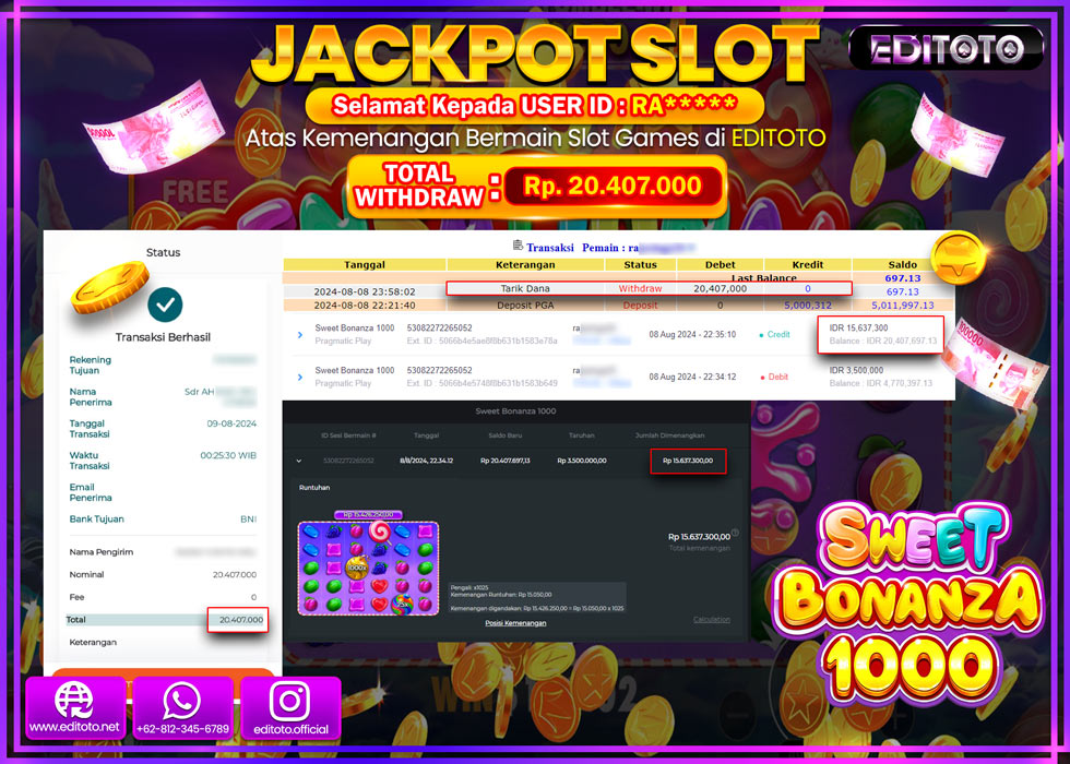 JACKPOT SLOT SWEET BONANZA 1000 Rp.20.407.000.,- LUNAS