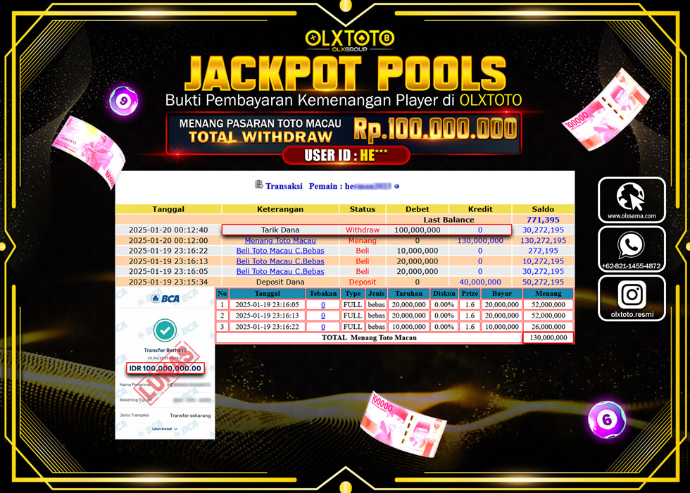 OLXTOTO JACKPOT  TOGEL POOL TOTO MACAU Rp.100.000.000.,- LUNAS