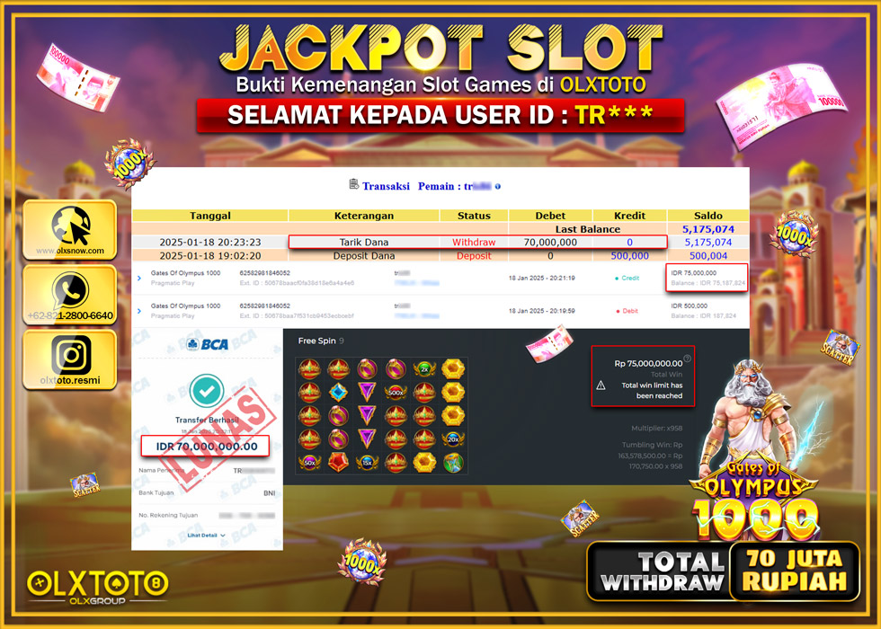 OLXTOTO JACKPOT  SLOT GATES OF OLYMPUS 1000 Rp.70.000.000.,- LUNAS