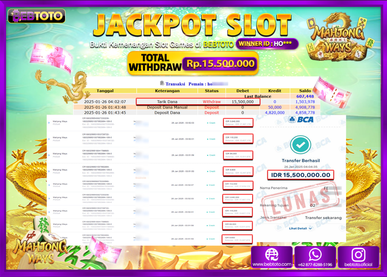 JACKPOT SLOT BEBTOTO MAHJONG WAYS Rp.15.500.000.,- LUNAS