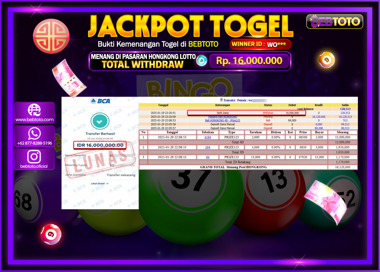 JACKPOT TOGEL BEBTOTO HONGKONG LOTTO Rp.16.000.000.,- LUNAS
