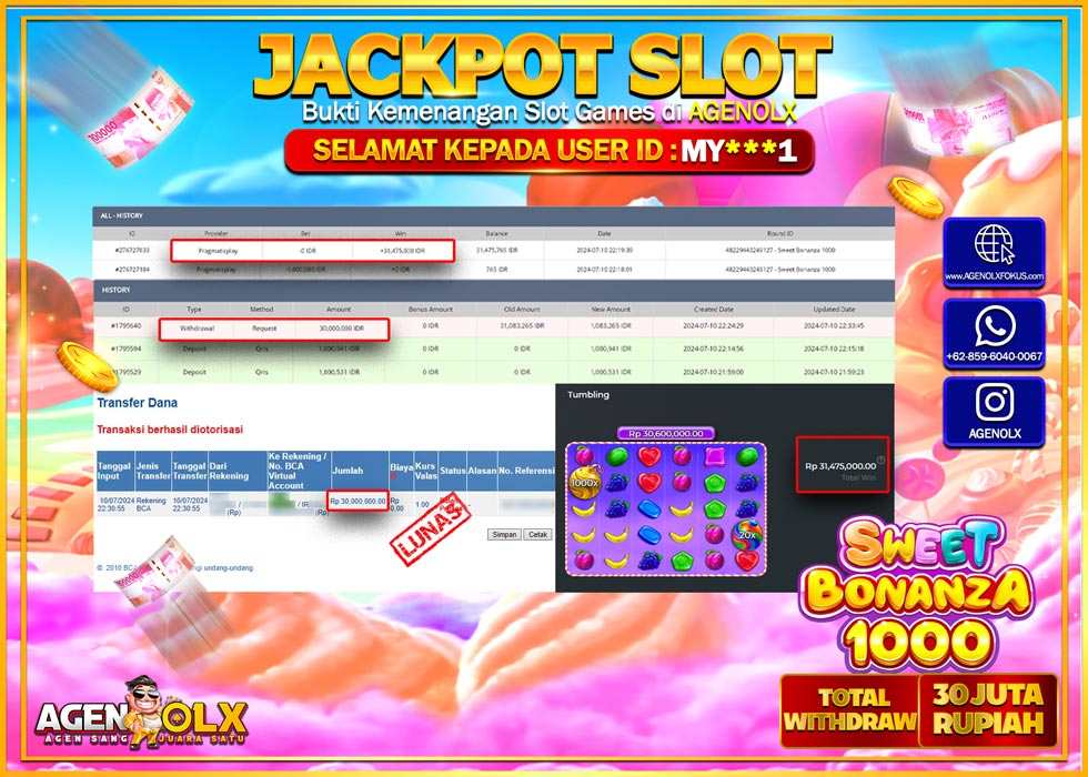 AGENOLX JACKPOT SLOT SWEET BONANZA 1000 Rp.30.000.000,- LUNAS