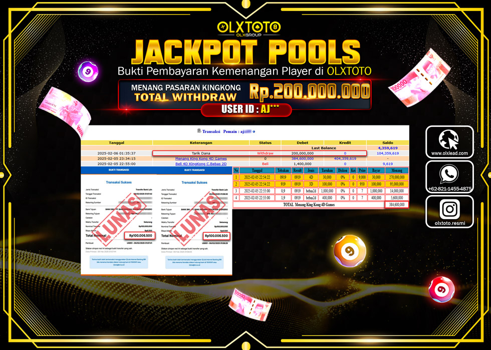 OLXTOTO JACKPOT  TOGEL POOL KINGKONG Rp.200.000.000.,- LUNAS