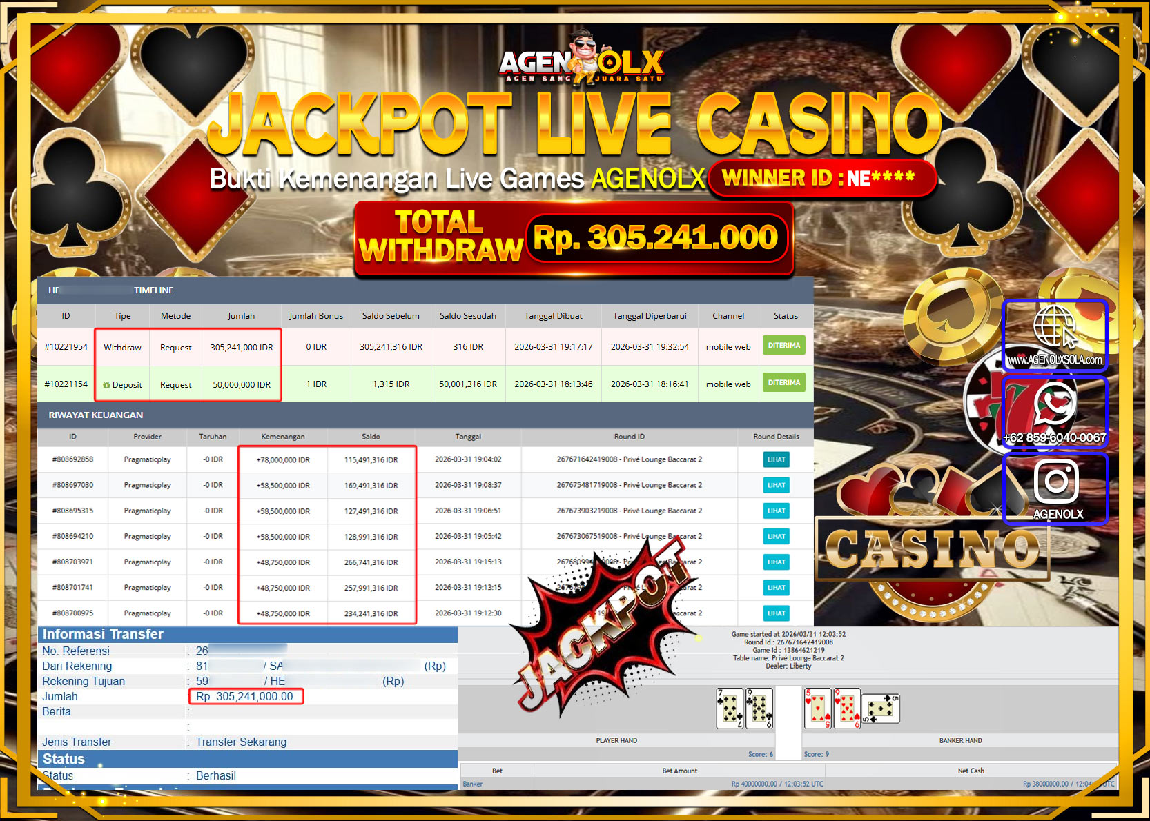 AGENOLX JACKPOT LIVE CASINO PRIVE LOURGE BACCARAT 2  Rp 305.241.000 - LUNAS