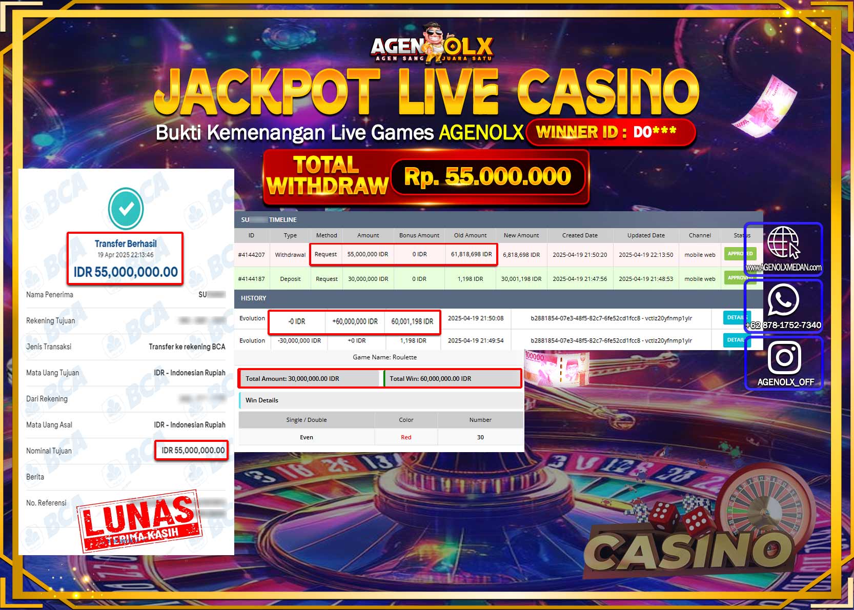 AGENOLX JACKPOT LIVE CASSINO  Rp 55.000.000,- LUNAS