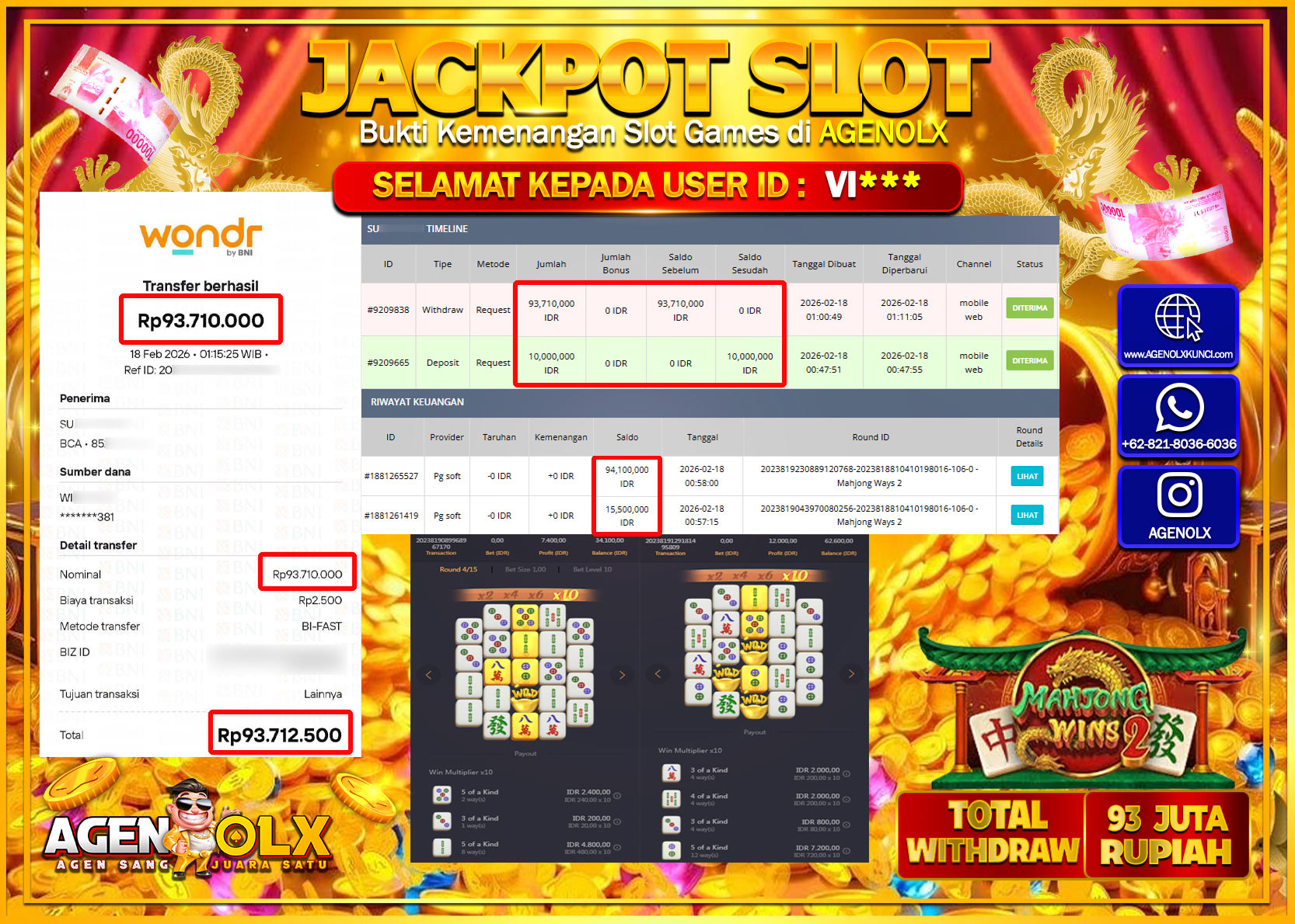 AGENOLX JACKPOT SLOT MAHJONG WAYS 2  Rp 93.710.000 - LUNAS  
