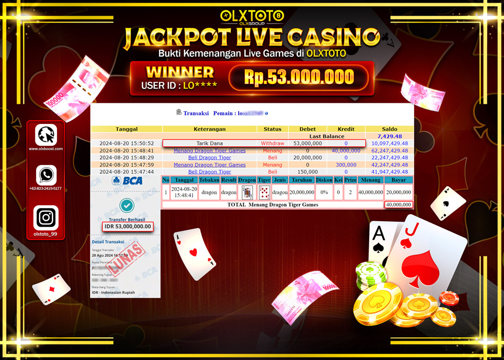 OLXTOTO JACKPOT  LIVE GAMES DRAGON TIGER Rp.53.000.000.,- LUNAS