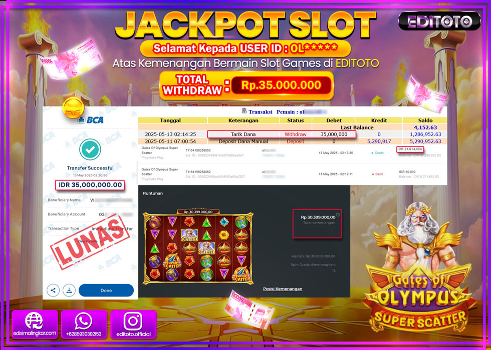 JACKPOT EDITOTO SLOT GATES OF OLYMPUS SUPER SCATTER Rp.35.000.000,- LUNAS