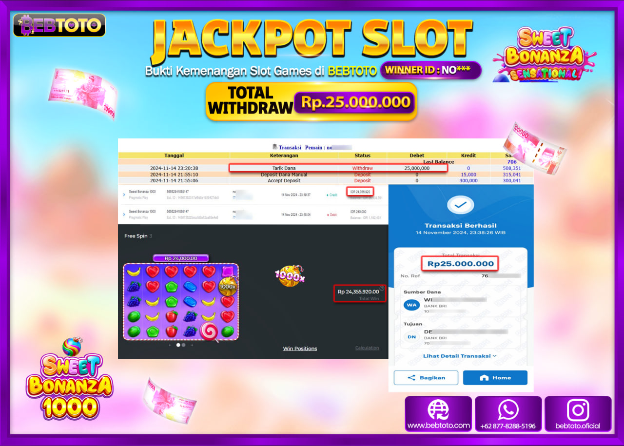 JACKPOT SLOT BEBTOTO SWEET BONANZA 1000 Rp.25.000.000.,- LUNAS