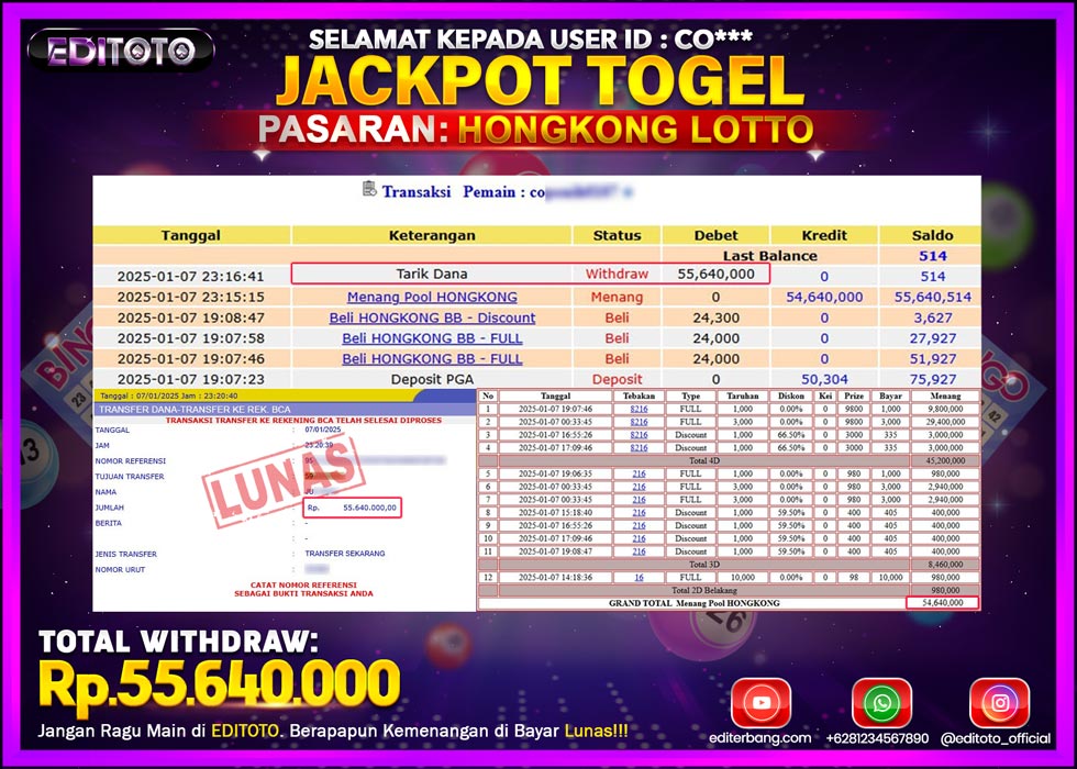 JACKPOT TOGEL PASARAN HONGKONG LOTTO Rp.55.640.000.,- LUNAS