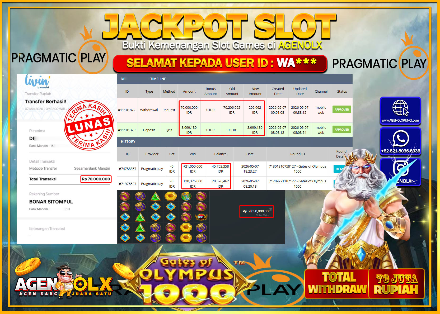 AGENOLX JACKPOT SLOT GATES OF OLYMPUS 1000 Rp 70.000.000 - LUNAS