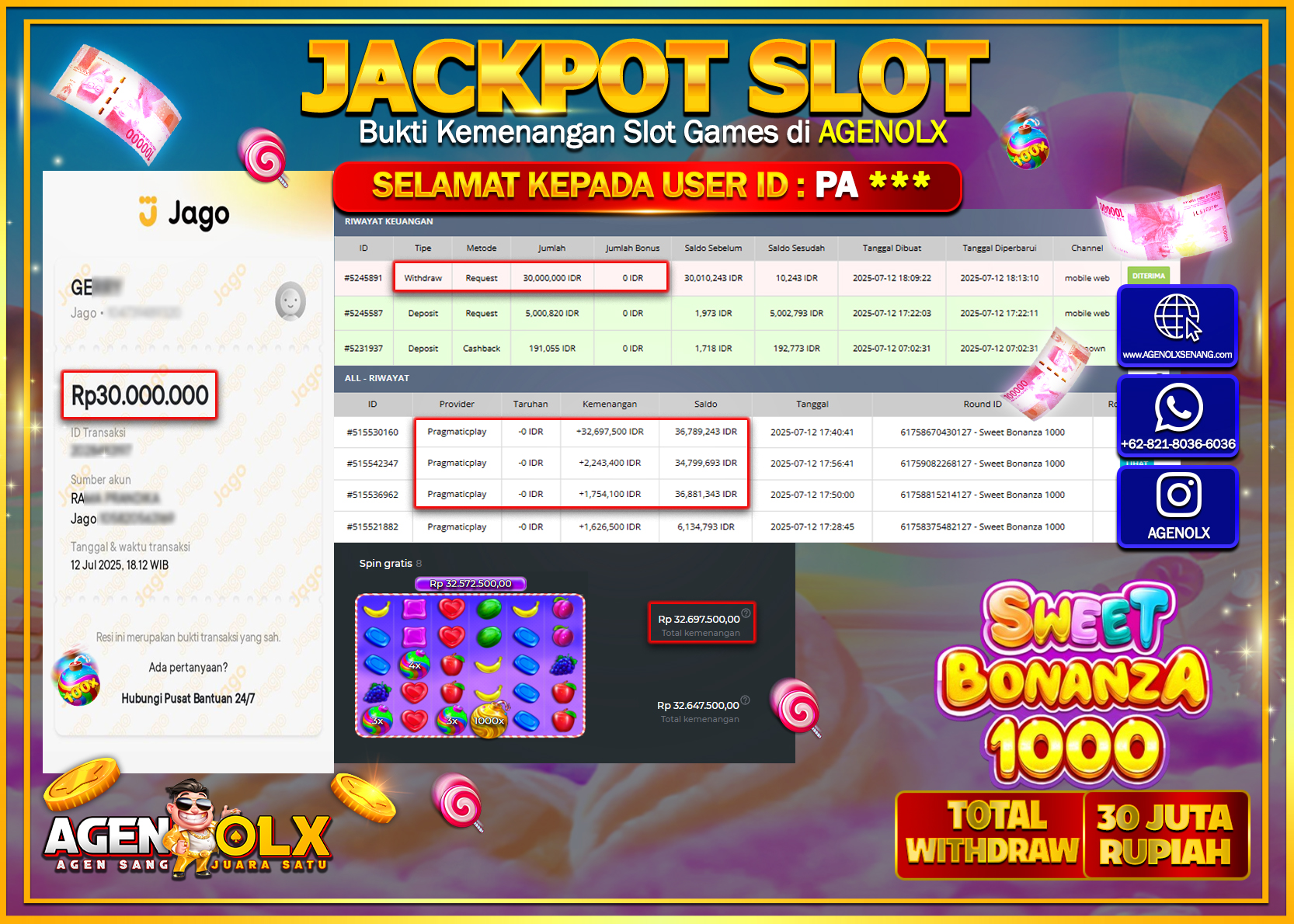 AGENOLX JACKPOT  SLOT SWEET BONANZA 1000  Rp 30.000.000,- LUNAS