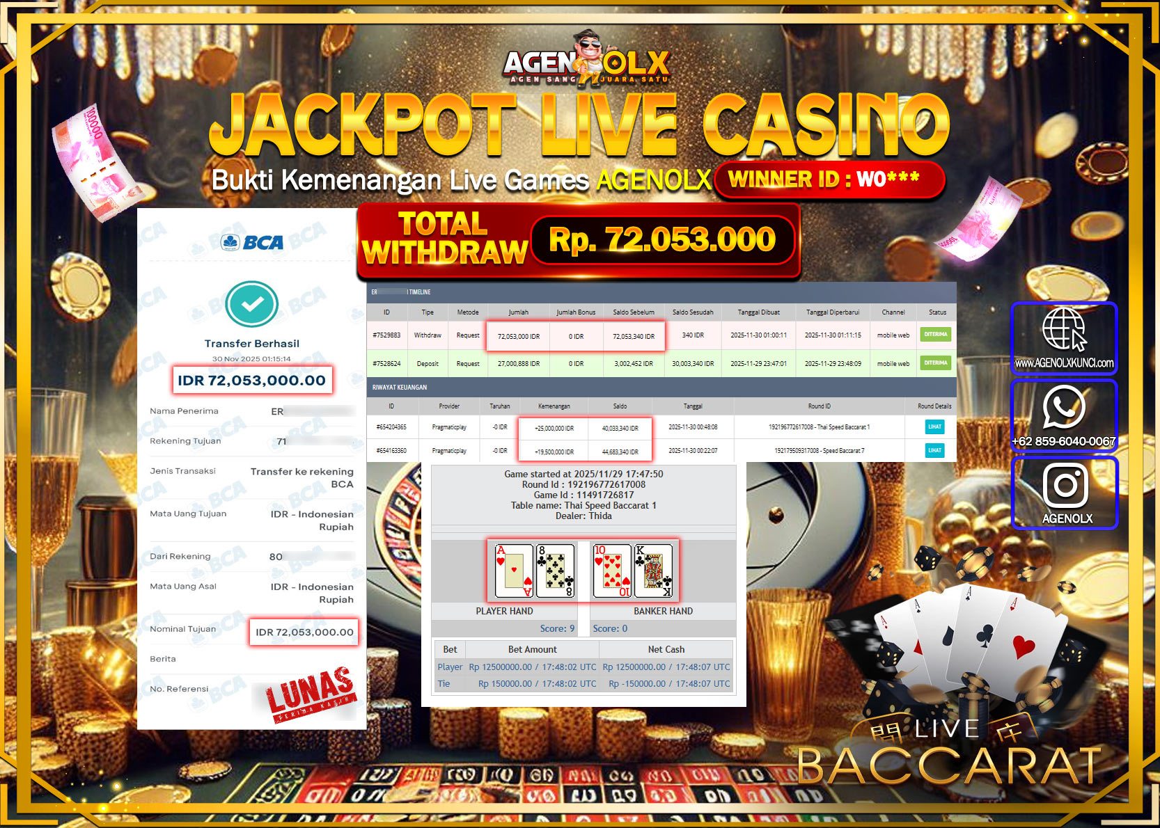 AGENOLX JACKPOT LIVE CASINO THAI SPEED BACCARAT 1 Rp 72,053,000,- LUNAS