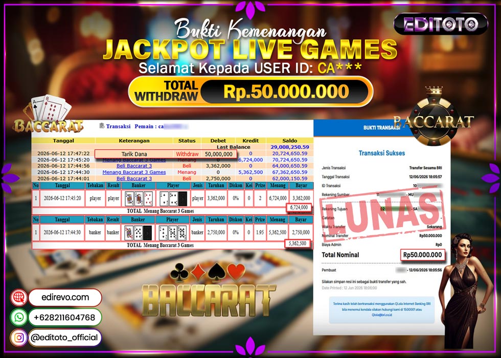 JACKPOT EDITOTO LIVE GAMES BACCARAT GAMES Rp. 50.000.000.,- LUNAS