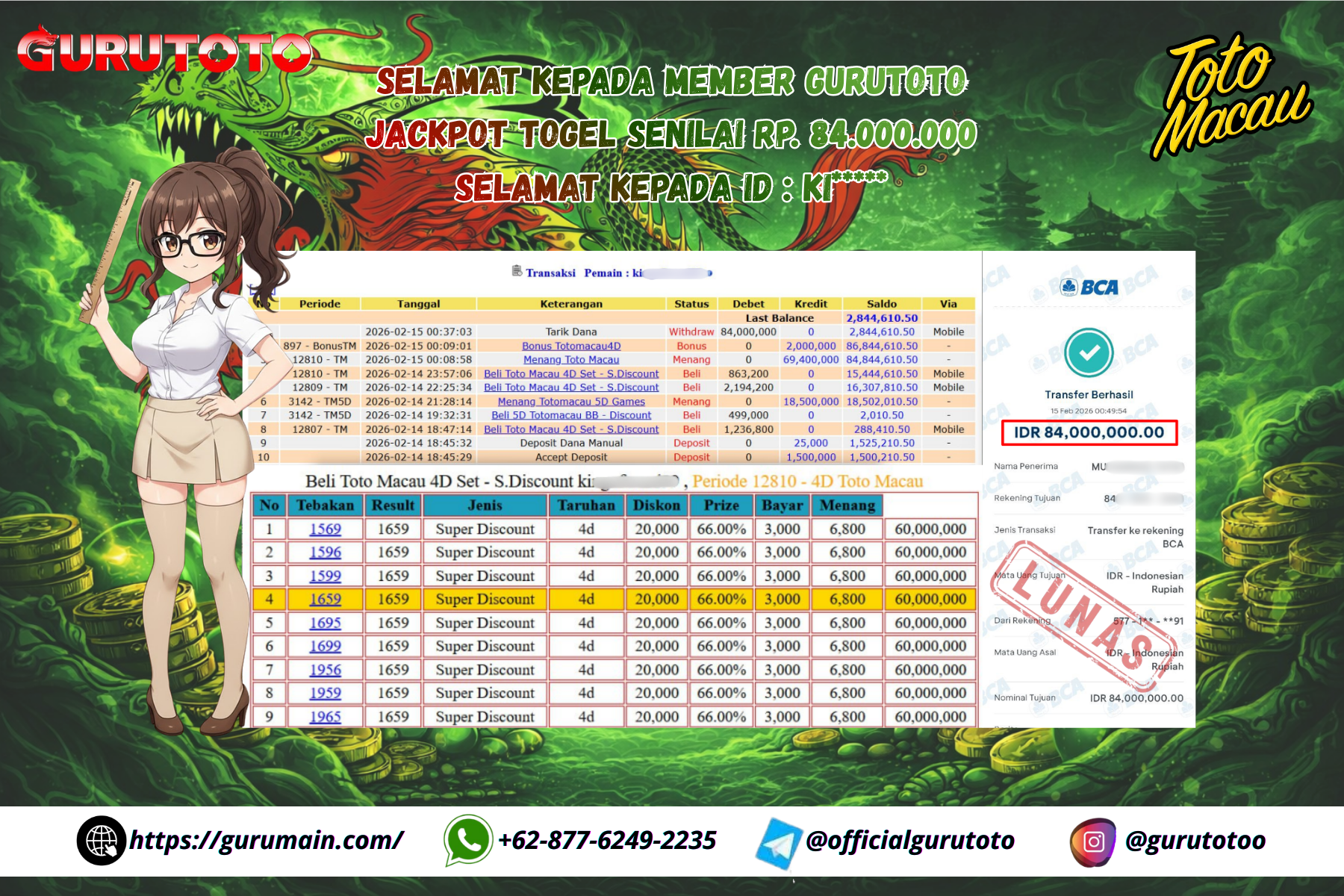 Bukti Kemenangan Rp 84.000.000 TOTO MACAU di GURUTOTO !